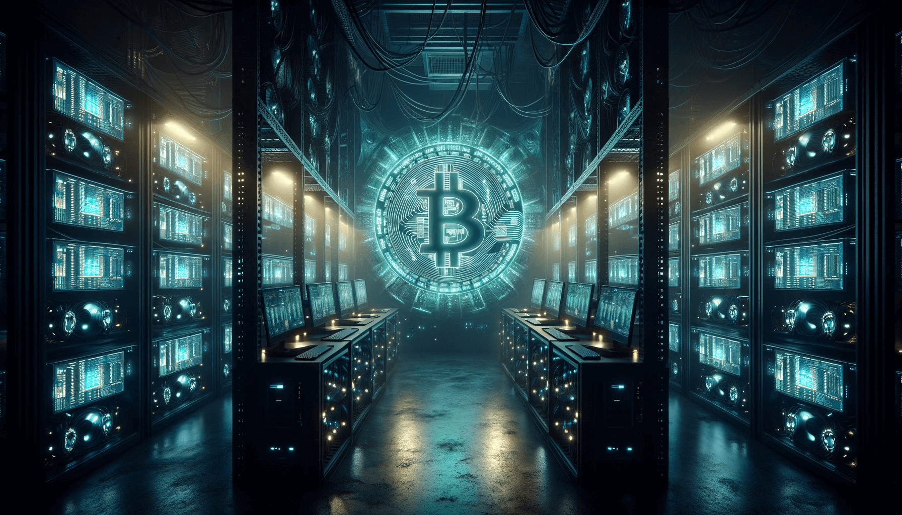 Scene med Bitcoin mining rig i sentrum. Bildet viser et svakt opplyst datasenter med rader av kraftige Bitcoin-utvinningsrigger.