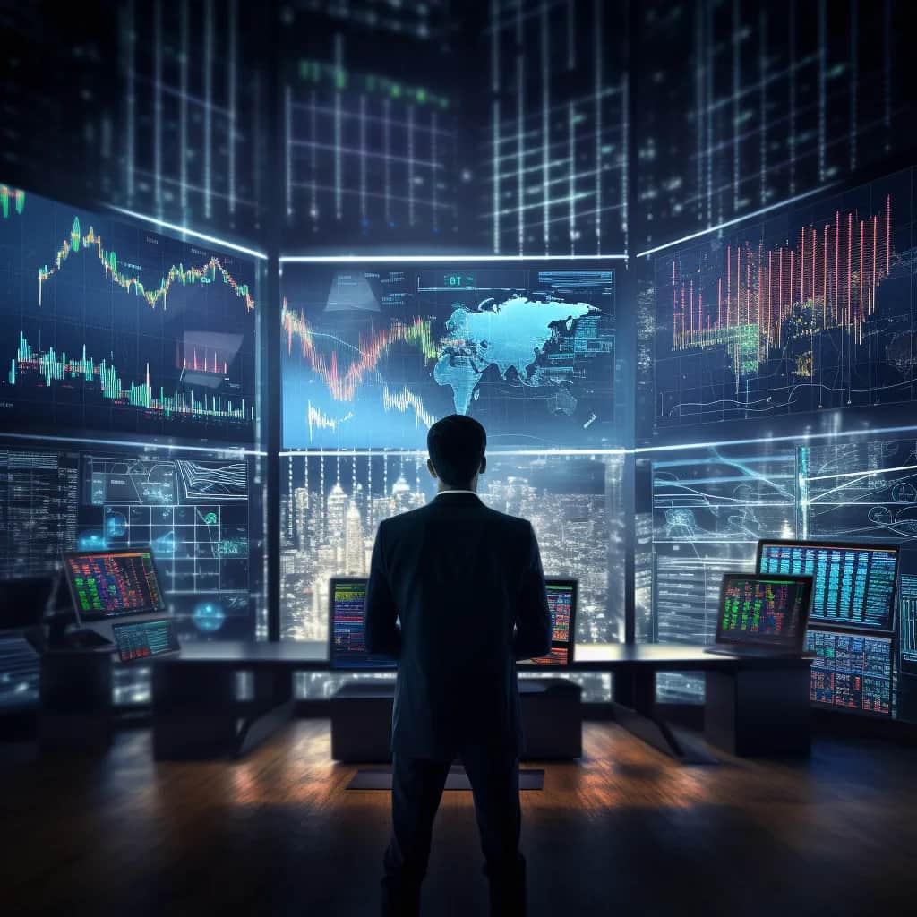 en mann foran 6 store skjermer med trading grafer