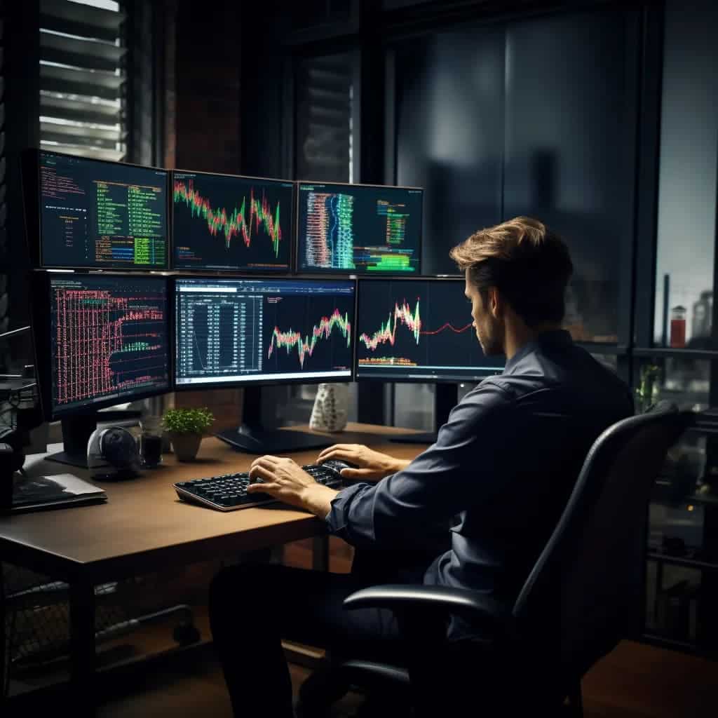 Man in front of a computer with trading graphs