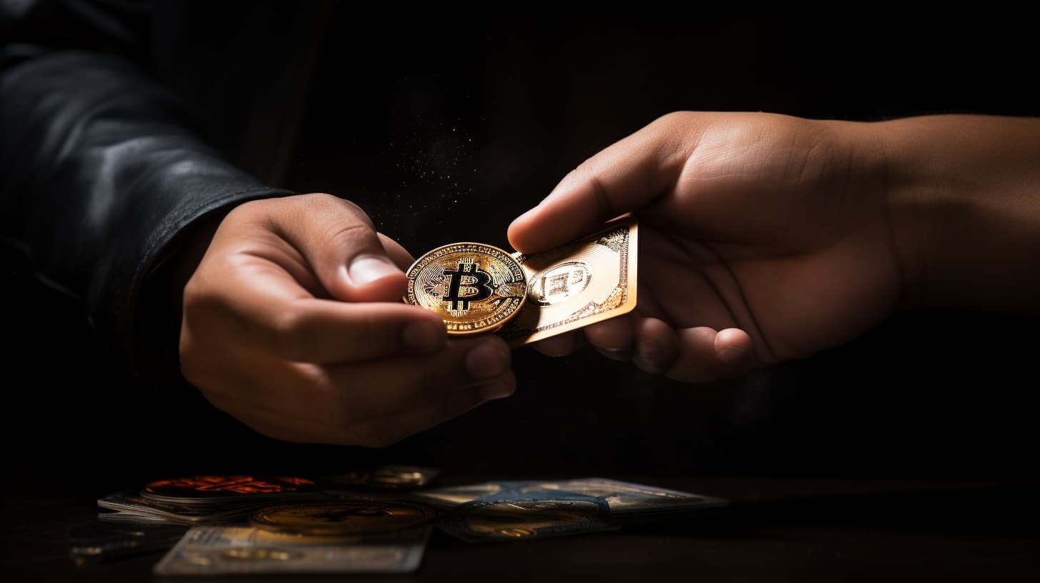 Hands exchanging bitcoin